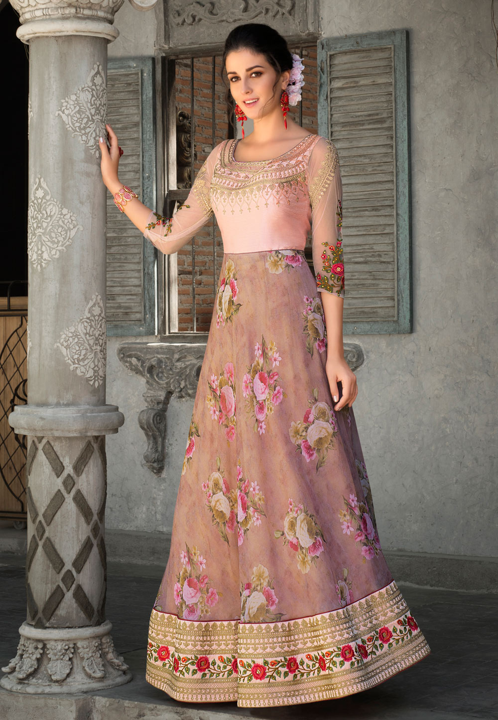 Light Pink Organza Printed Gown 162734