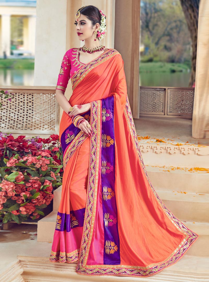 Orange Silk Saree With Embroidered Blouse 86662