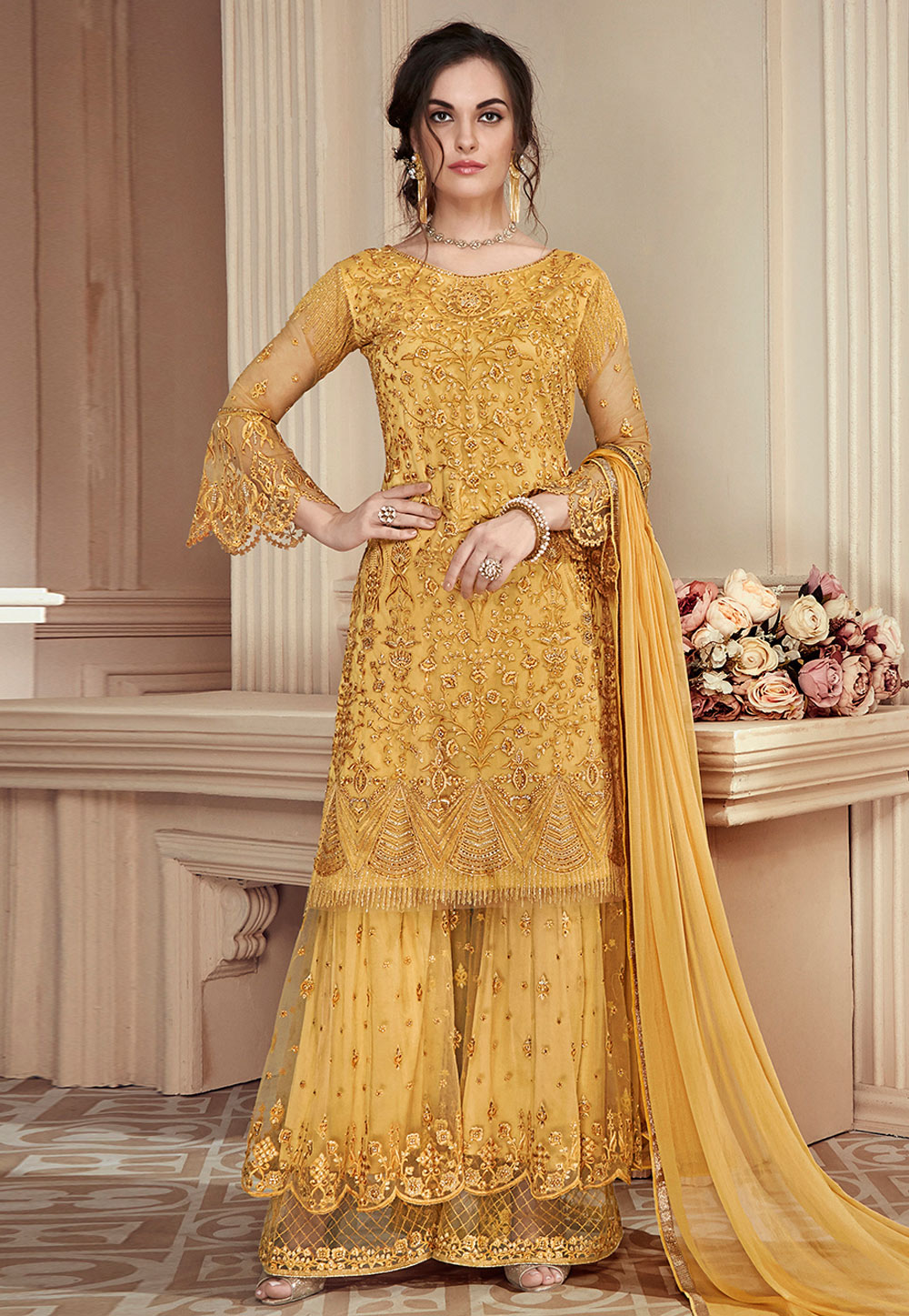Yellow Net Embroidered Sharara Suit With Frilled Sleeve 166046