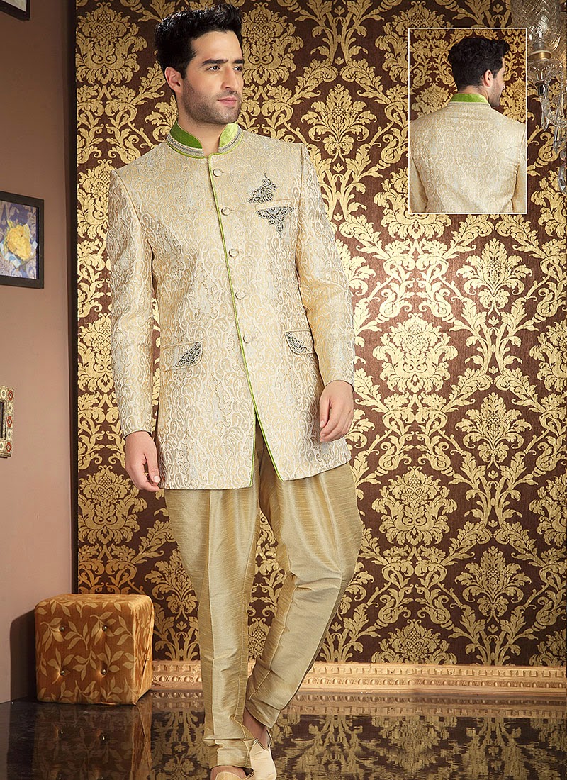Cream Banarasi Silk with parrot green Neck Indo Western Suit 40637