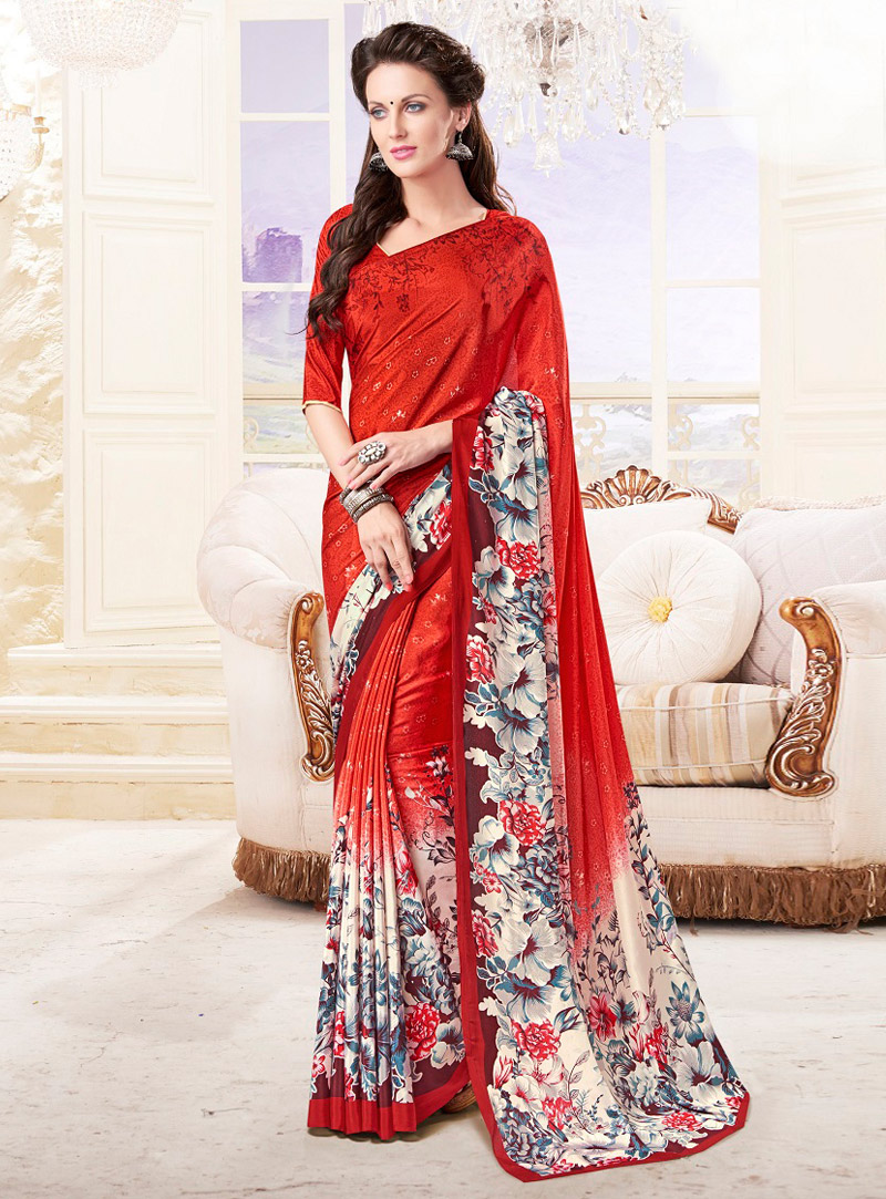 Red Crepe Printed Saree With Blouse 93960