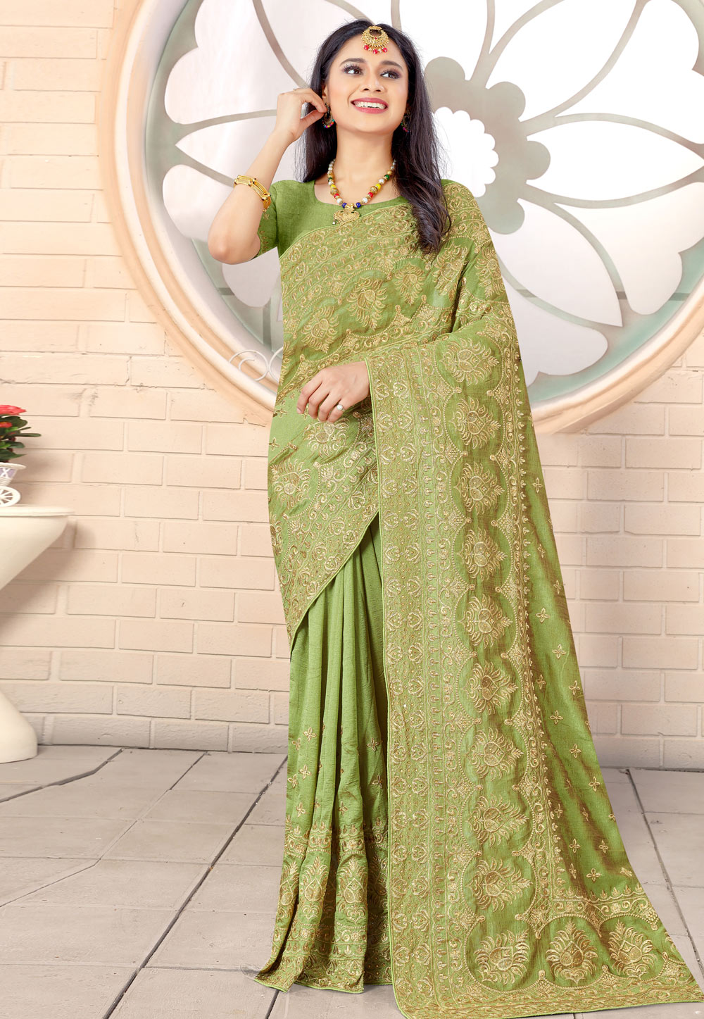 Mehndi Silk Saree With Blouse 236673