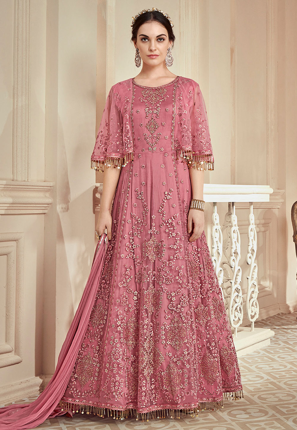 Pink Net Embroidered Anarkali Suit With Flare Sleeve 166047