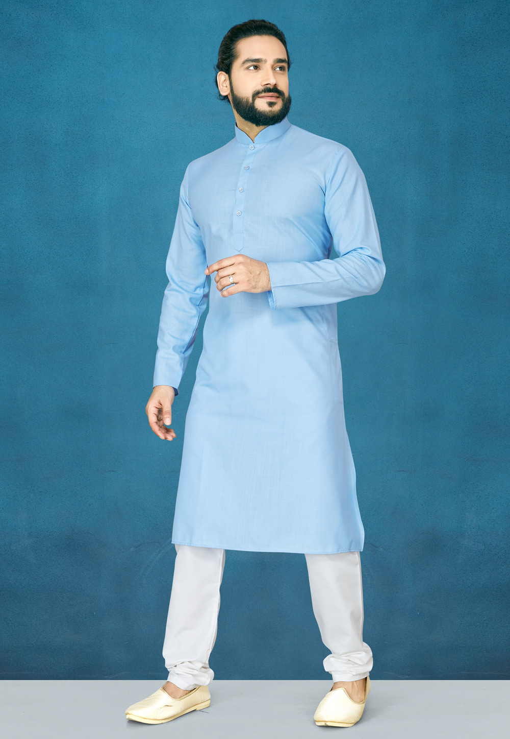 Light Blue Cotton Readymade Kurta Pajama 185411