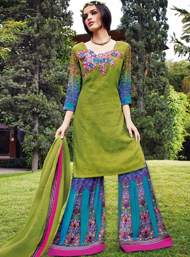 Green Cotton Kameez With Palazzo Pant 87359