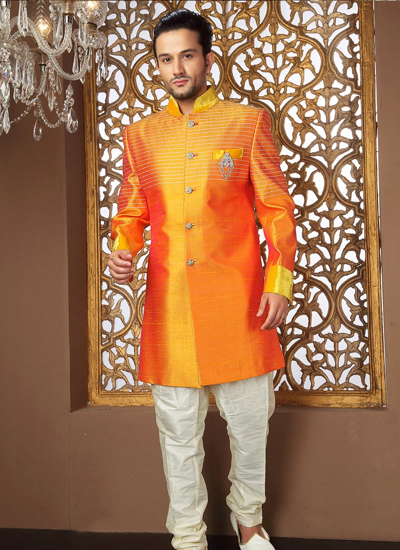 Orange and White Raw Silk Indo Western Suit 40647