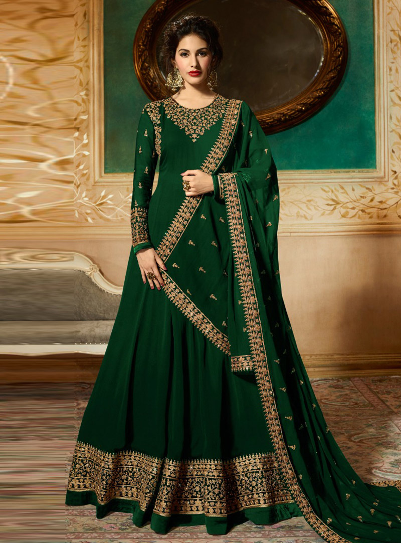 Green Faux Georgette Floor Length Anarkali Suit 148005