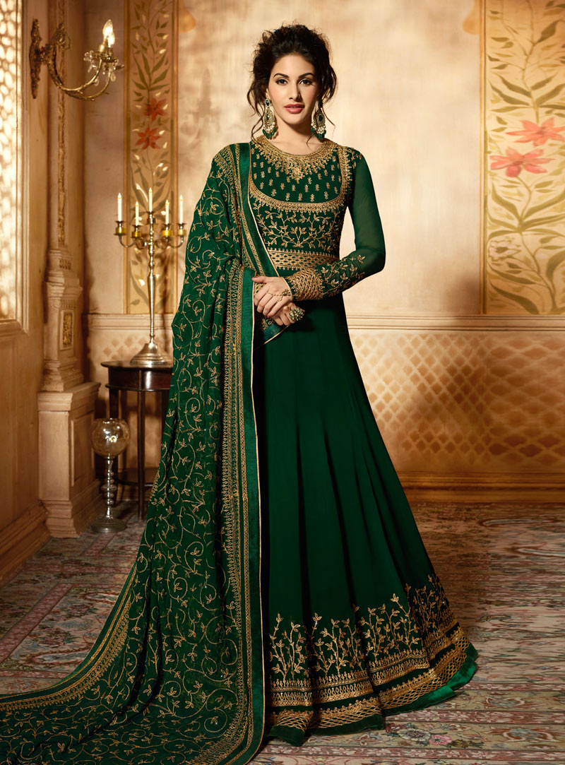 Green Faux Georgette Anarkali Suit 142093