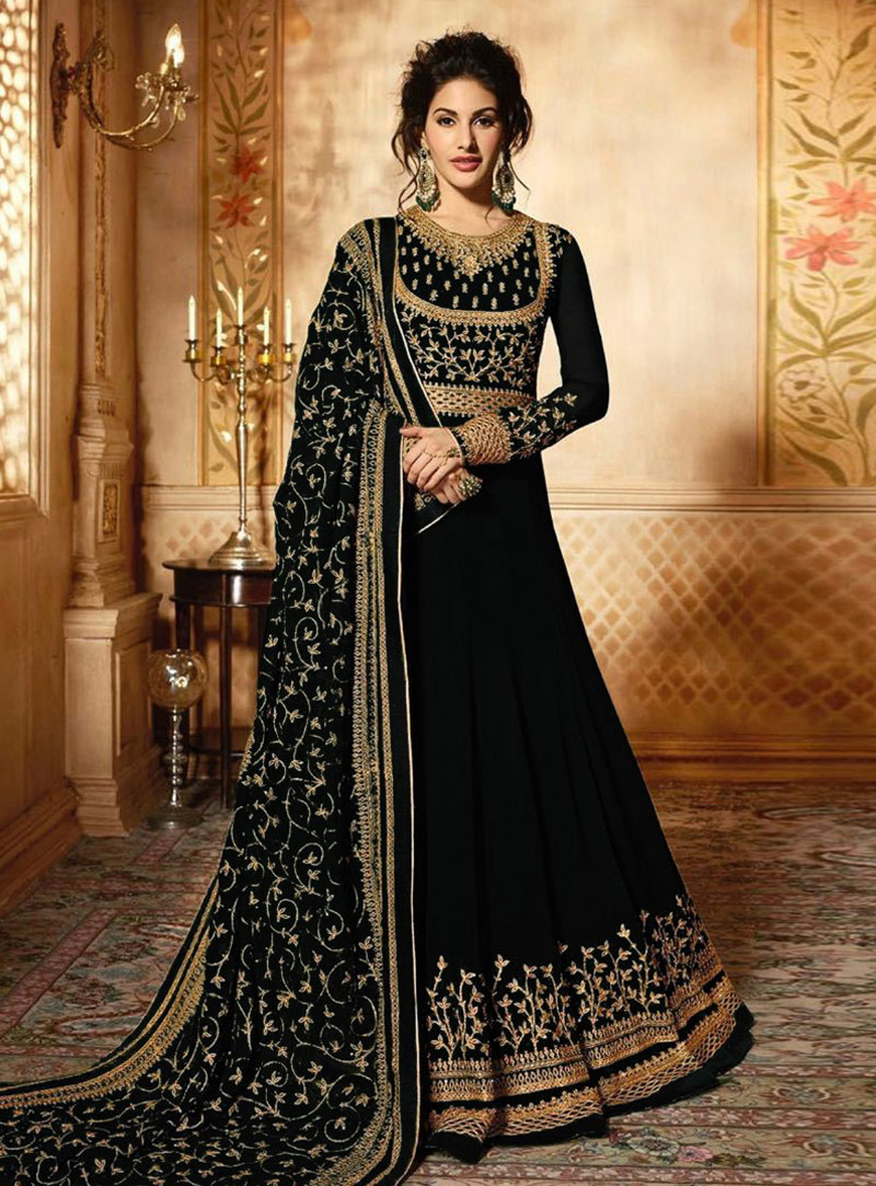 Black Faux Georgette Floor Length Anarkali Suit 148001