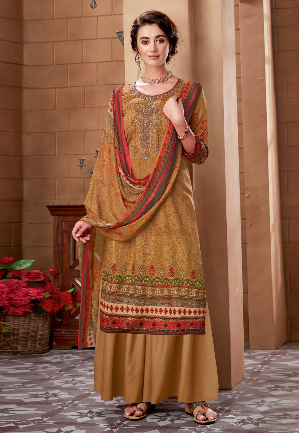 Light Brown Cotton Printed Kameez With Palazzo 197537