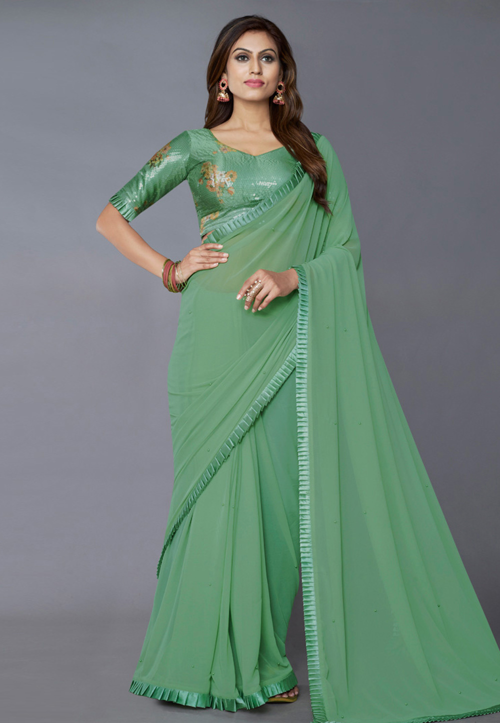 Pista Green Georgette Saree With Blouse 248428