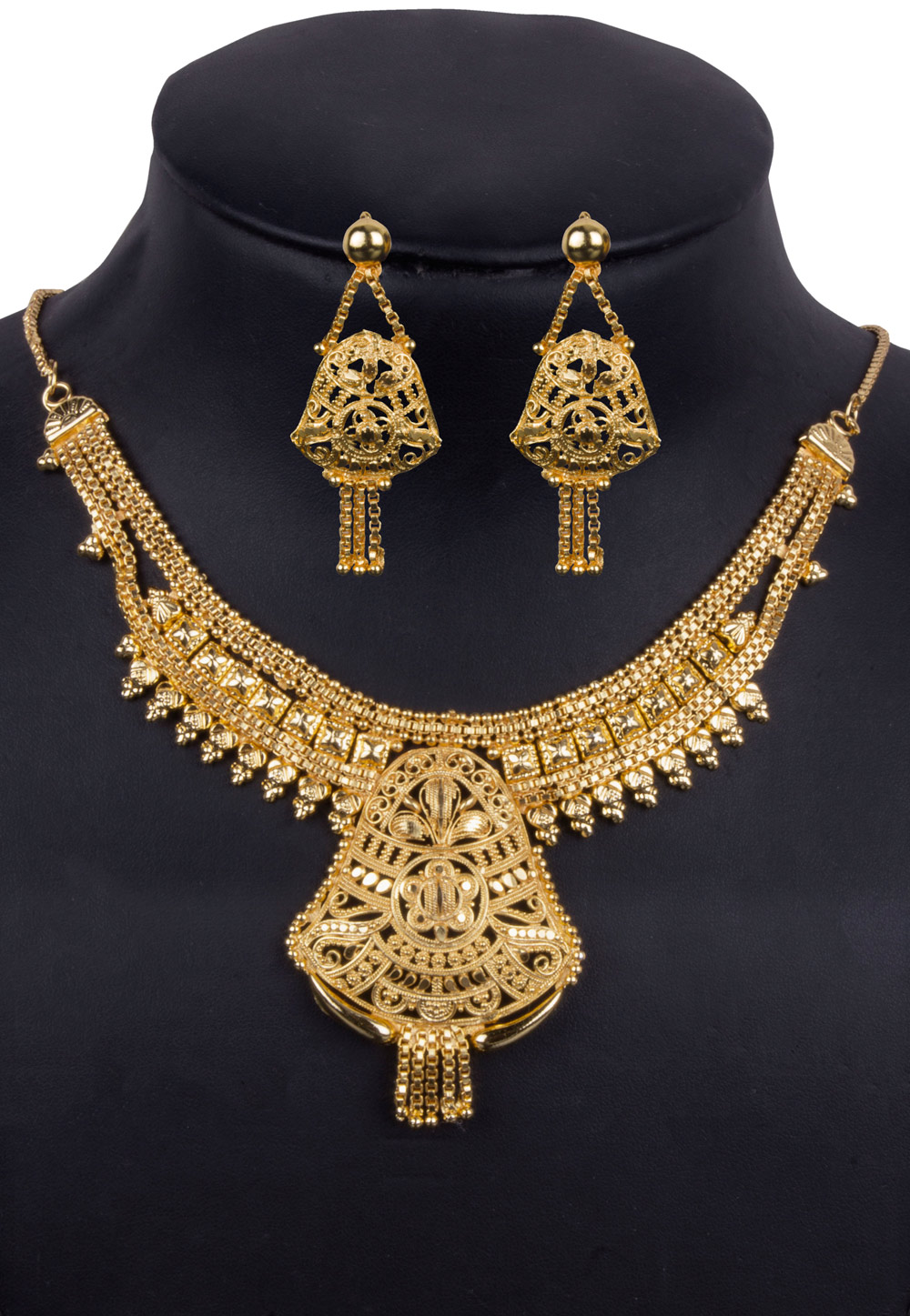 Golden Alloy Necklace With Earrings 157113