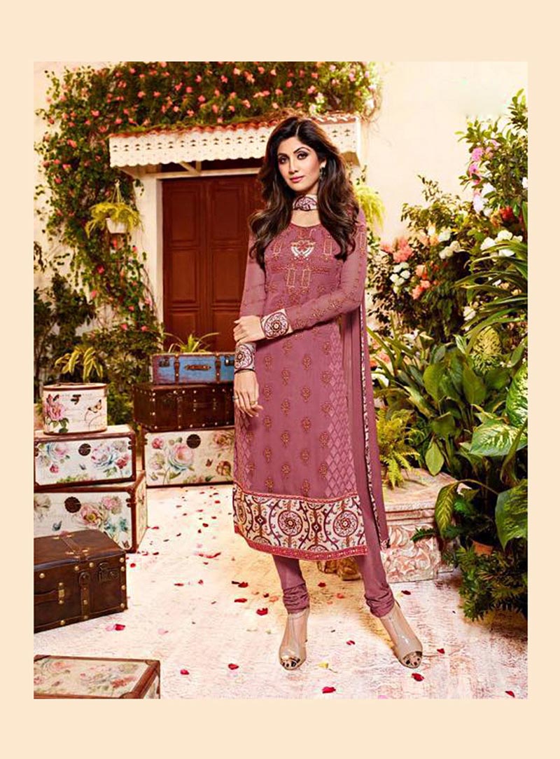 Shilpa Shetty Pink Georgette Churidar Suit 76285