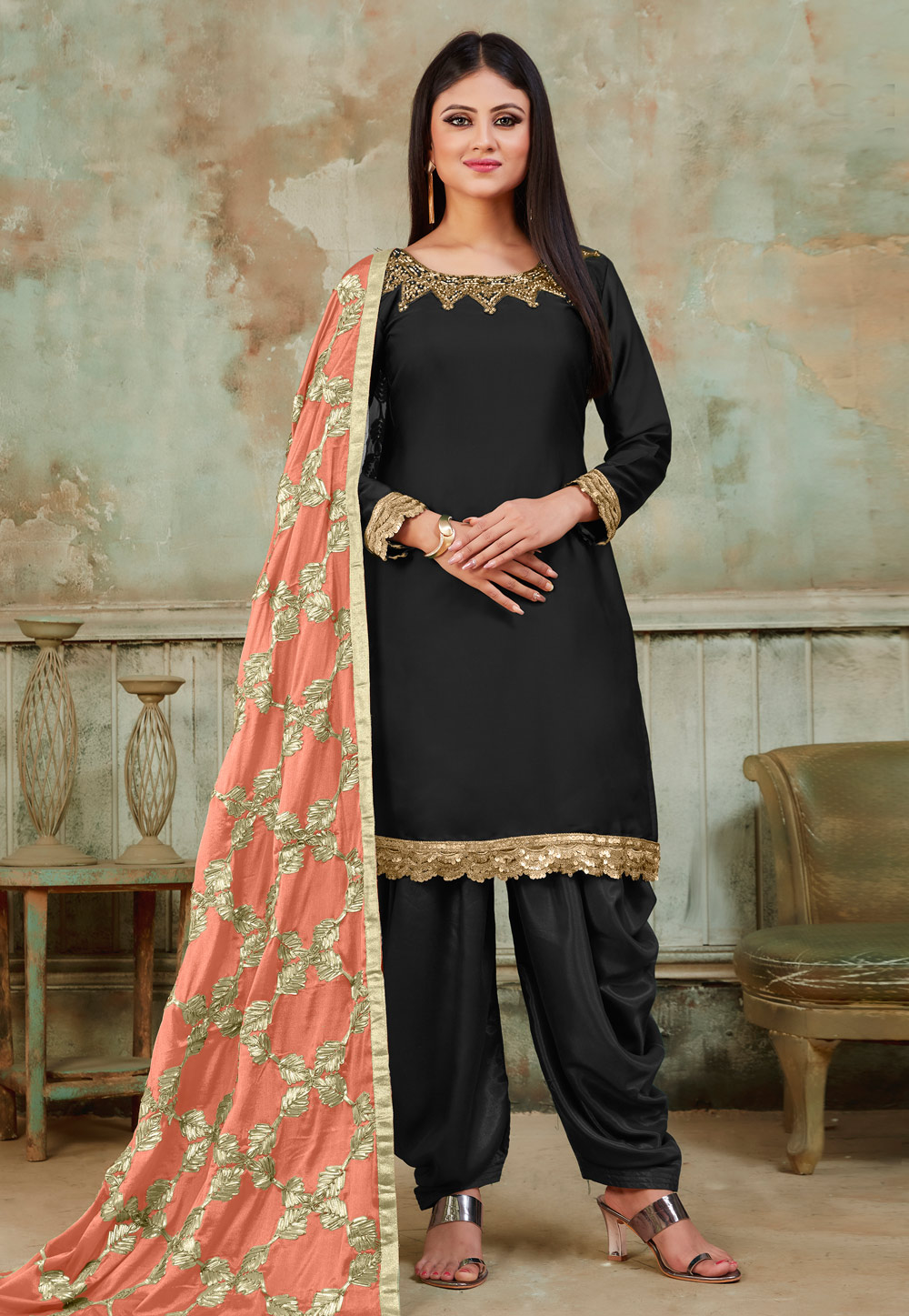 Black Satin Punjabi Suit 182954