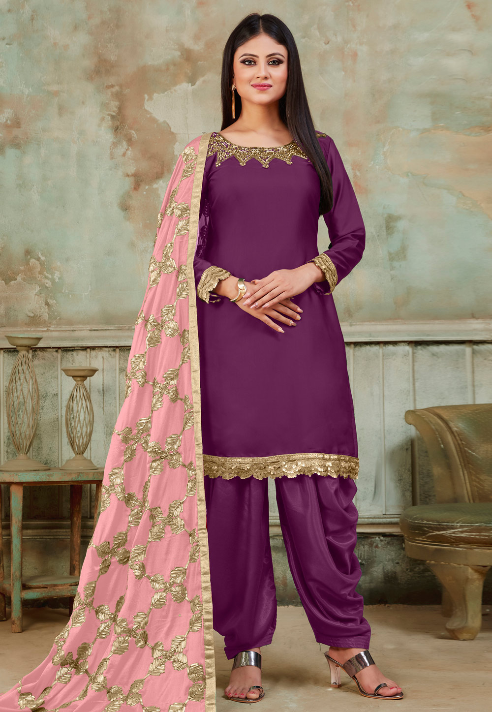 Purple Satin Patiala Suit 182955