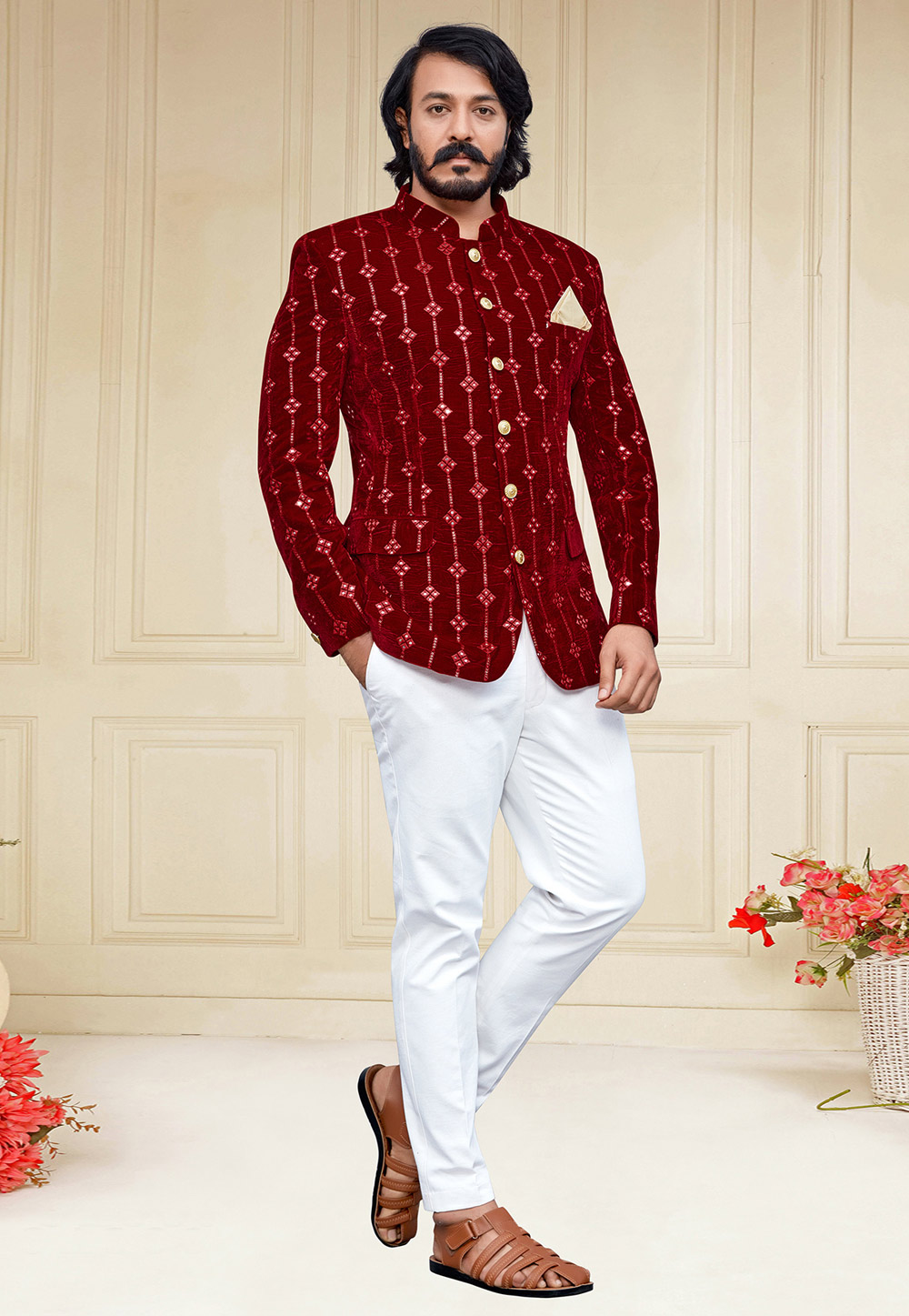 Maroon Velvet Jodhpuri Suit 250136