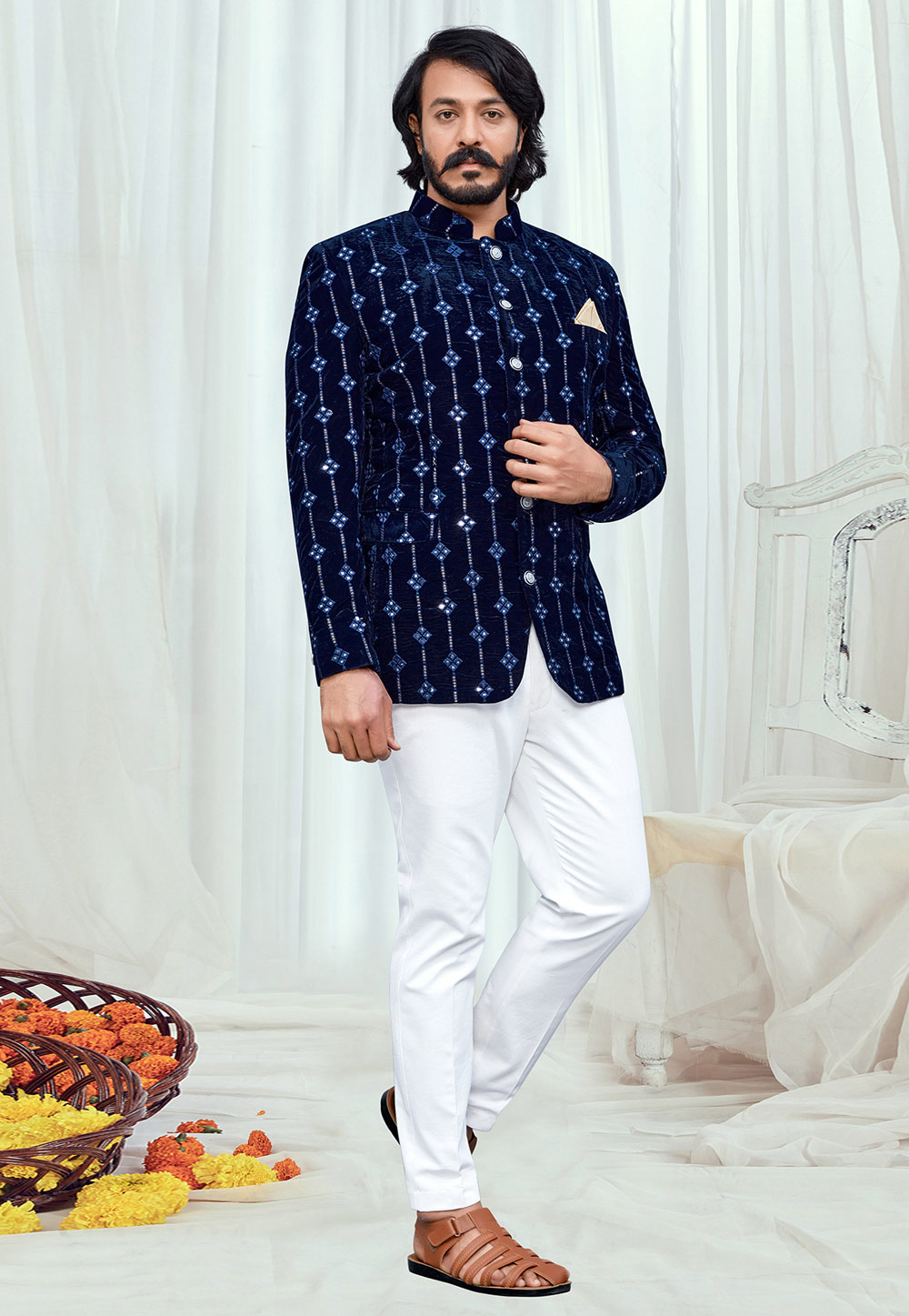 Navy Blue Velvet Jodhpuri Suit 250137