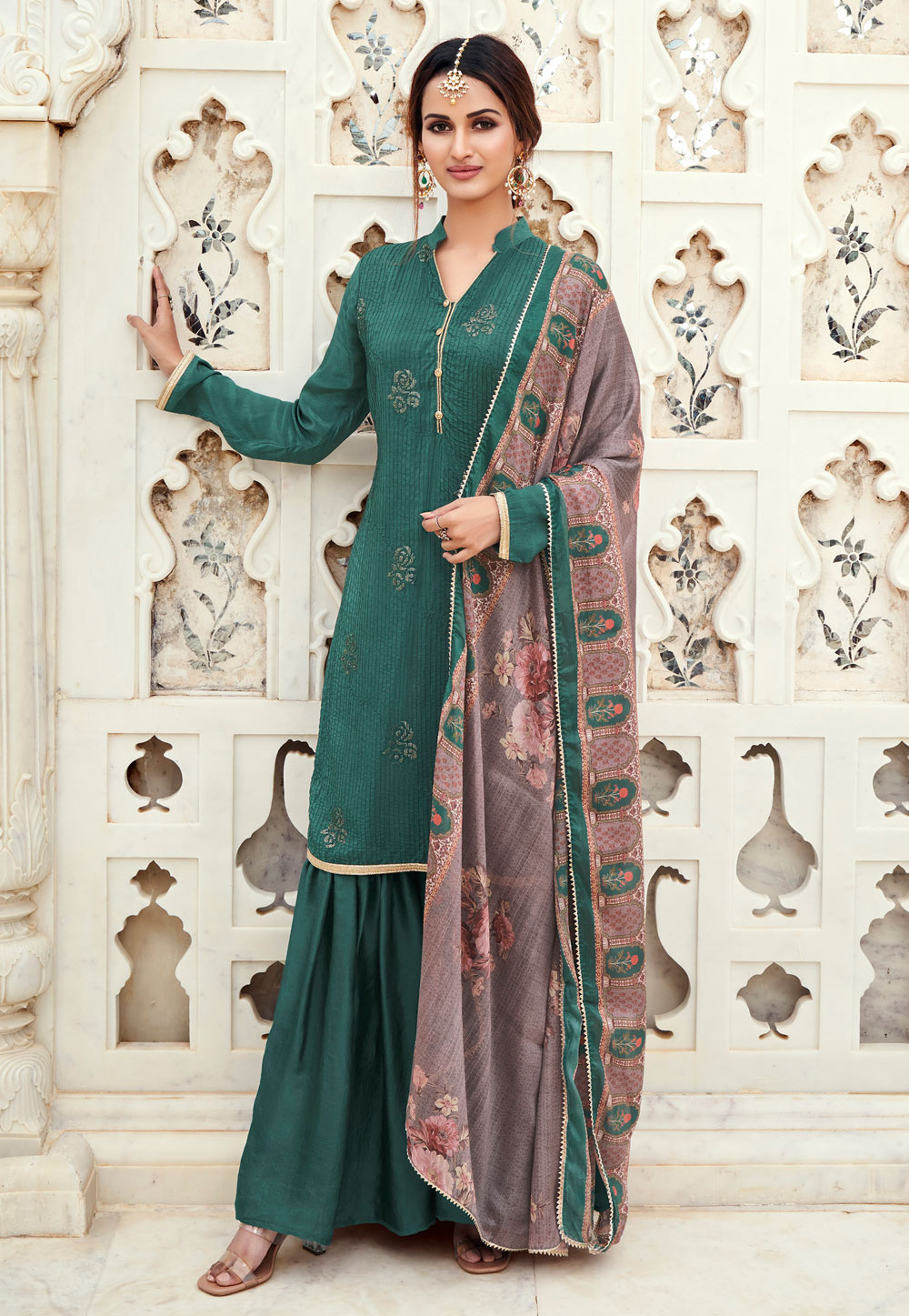 Green Crepe Silk Sharara Suit 220407