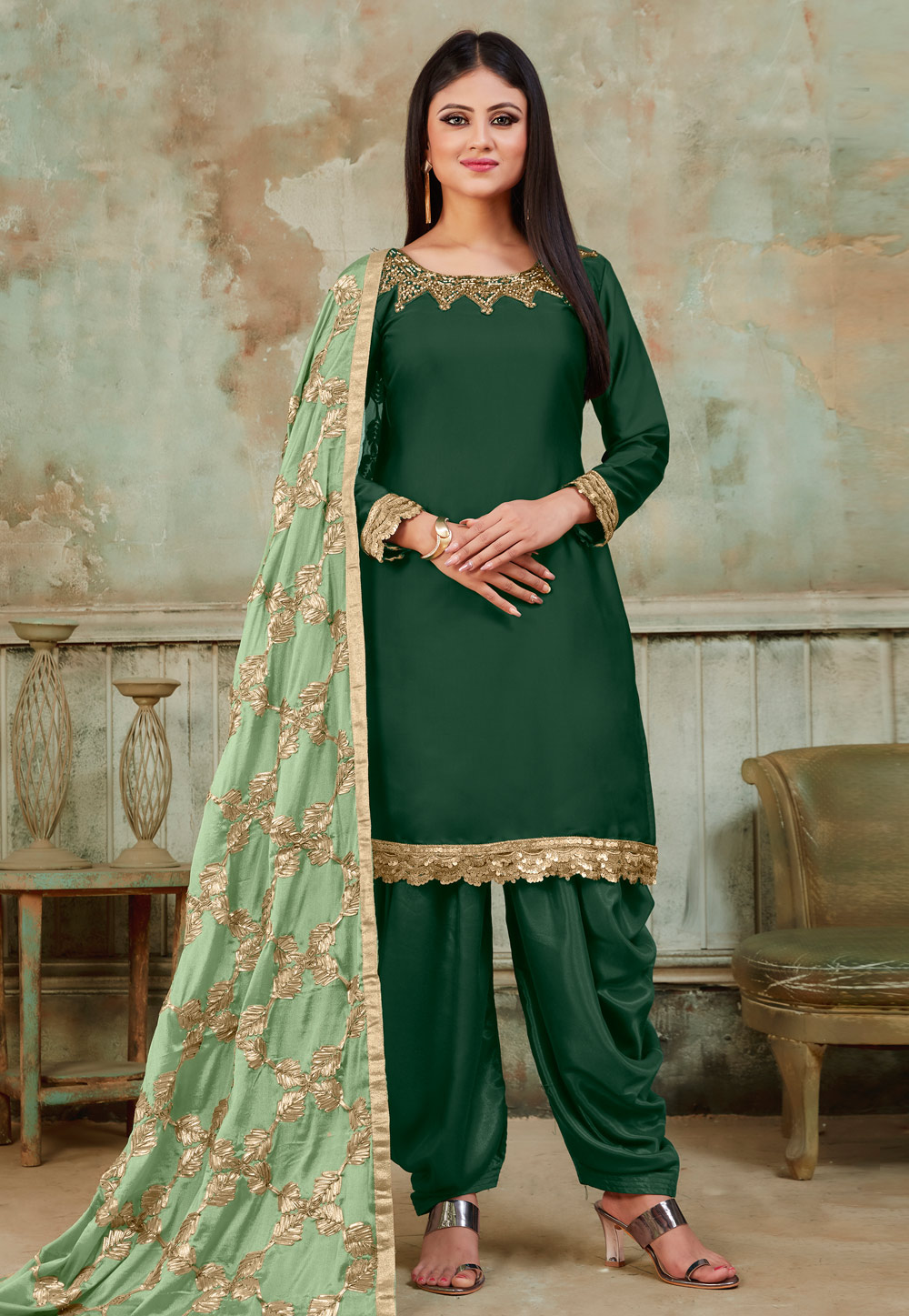 Green Satin Punjabi Suit 182958