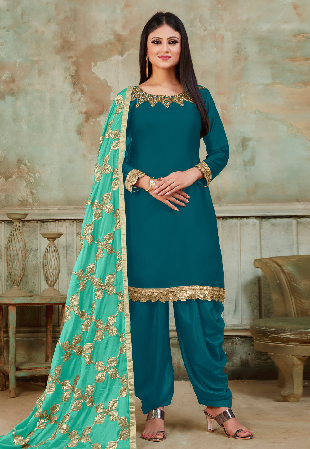 Blue Satin Patiala Suit 182959