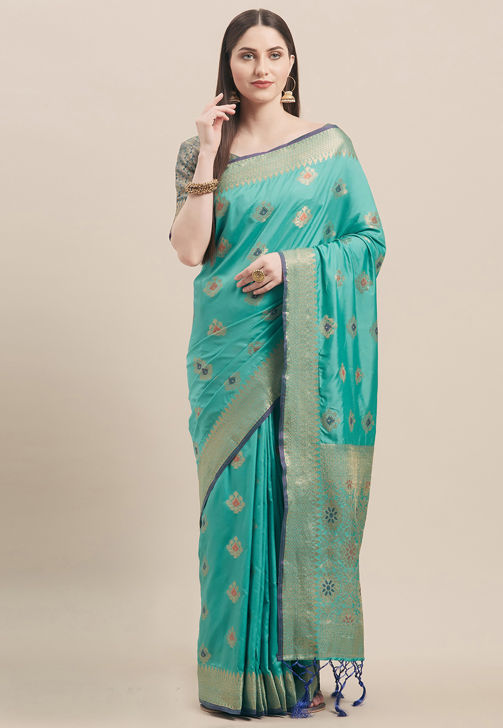 Turquoise Silk Saree With Blouse 197672