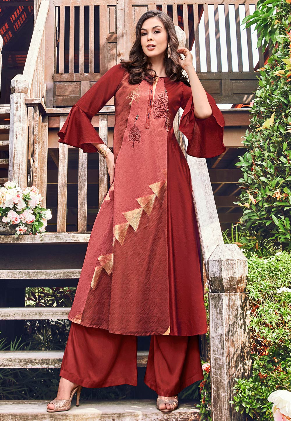 Maroon Jacquard Readymade Gown 180571