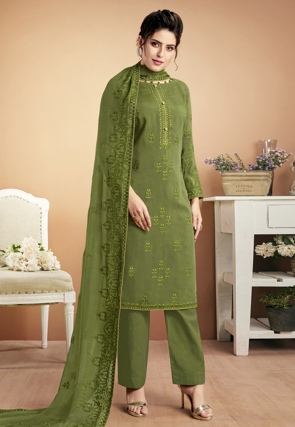 Green Muslin Pant Style Suit 188781