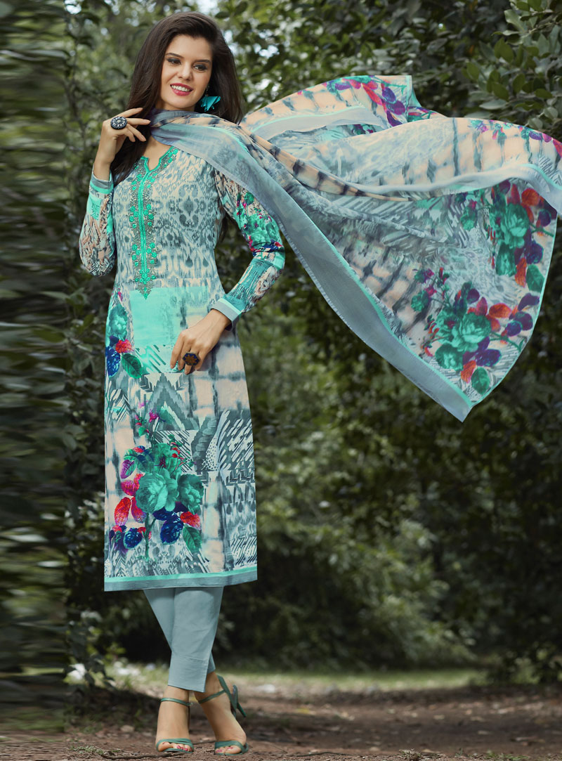 Sea Green Cotton Pakistani Style Suit 101154