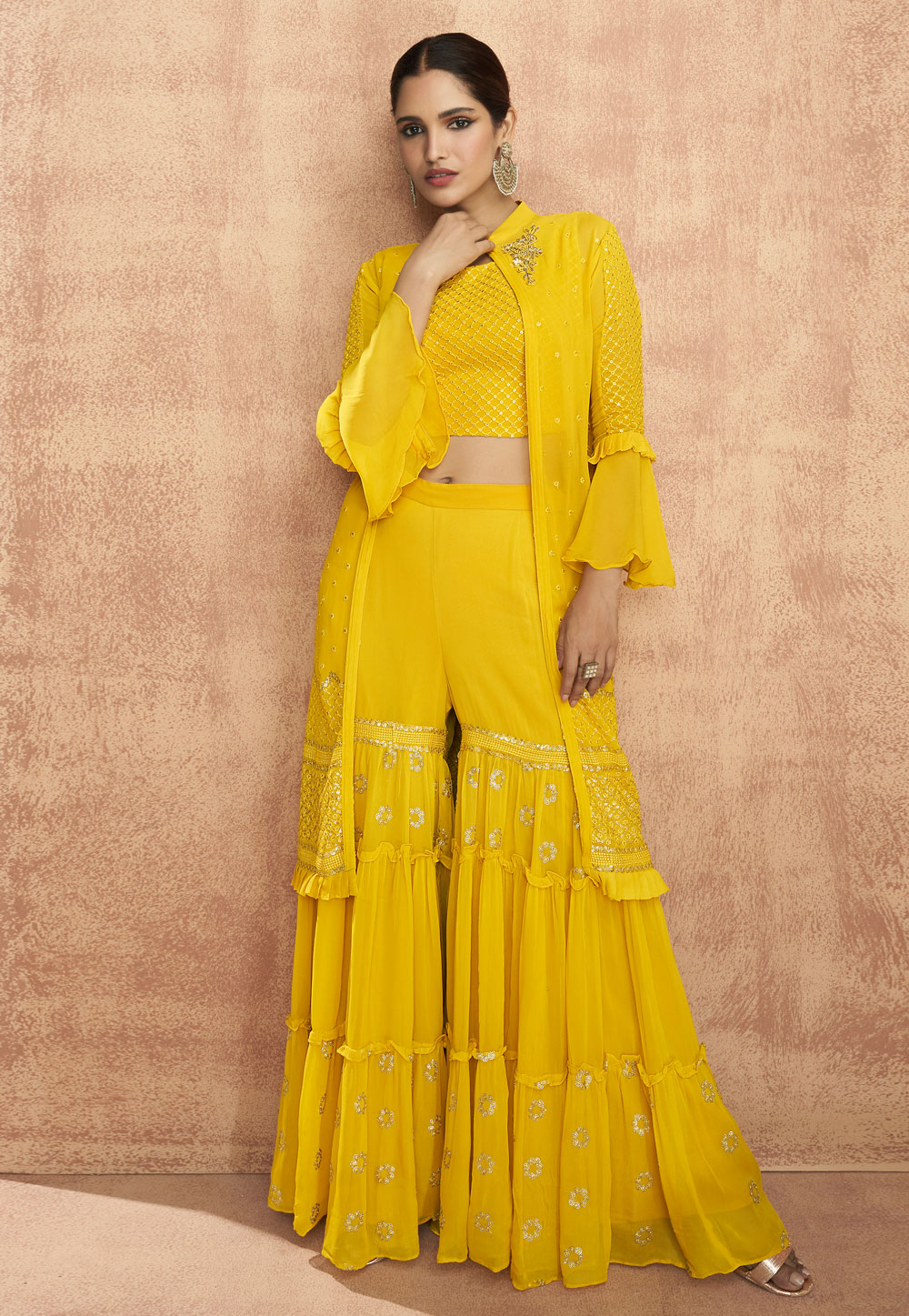 Yellow Georgette Readymade Jacket Style Suit 238341