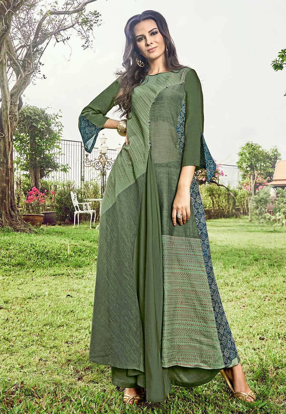 Olive Green Jacquard Readymade Gown 180573