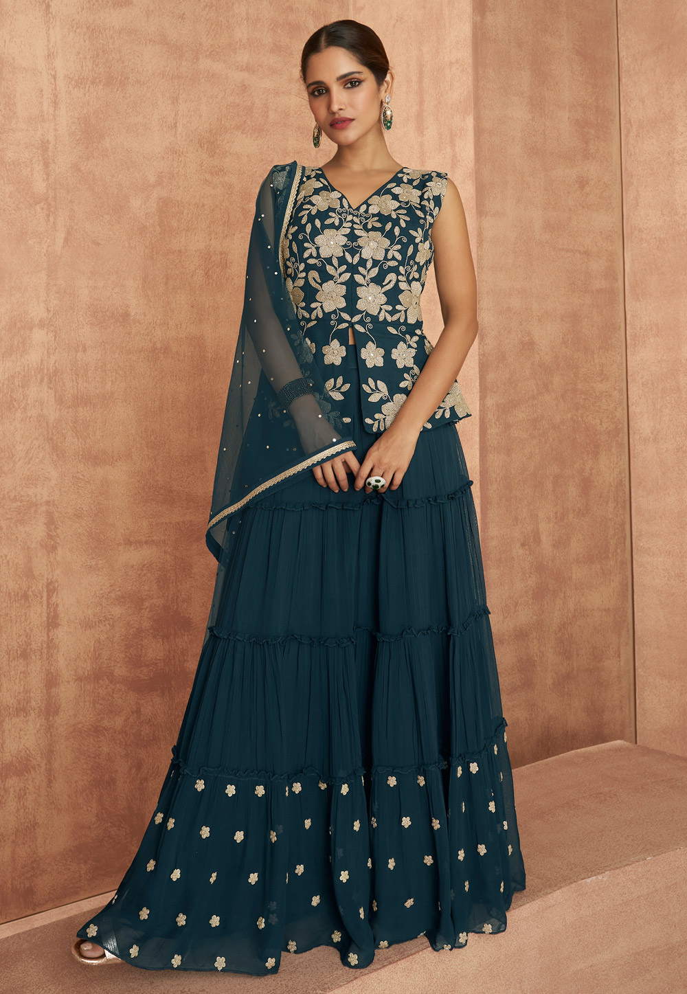 Teal Georgette Readymade Sharara Suit 238342