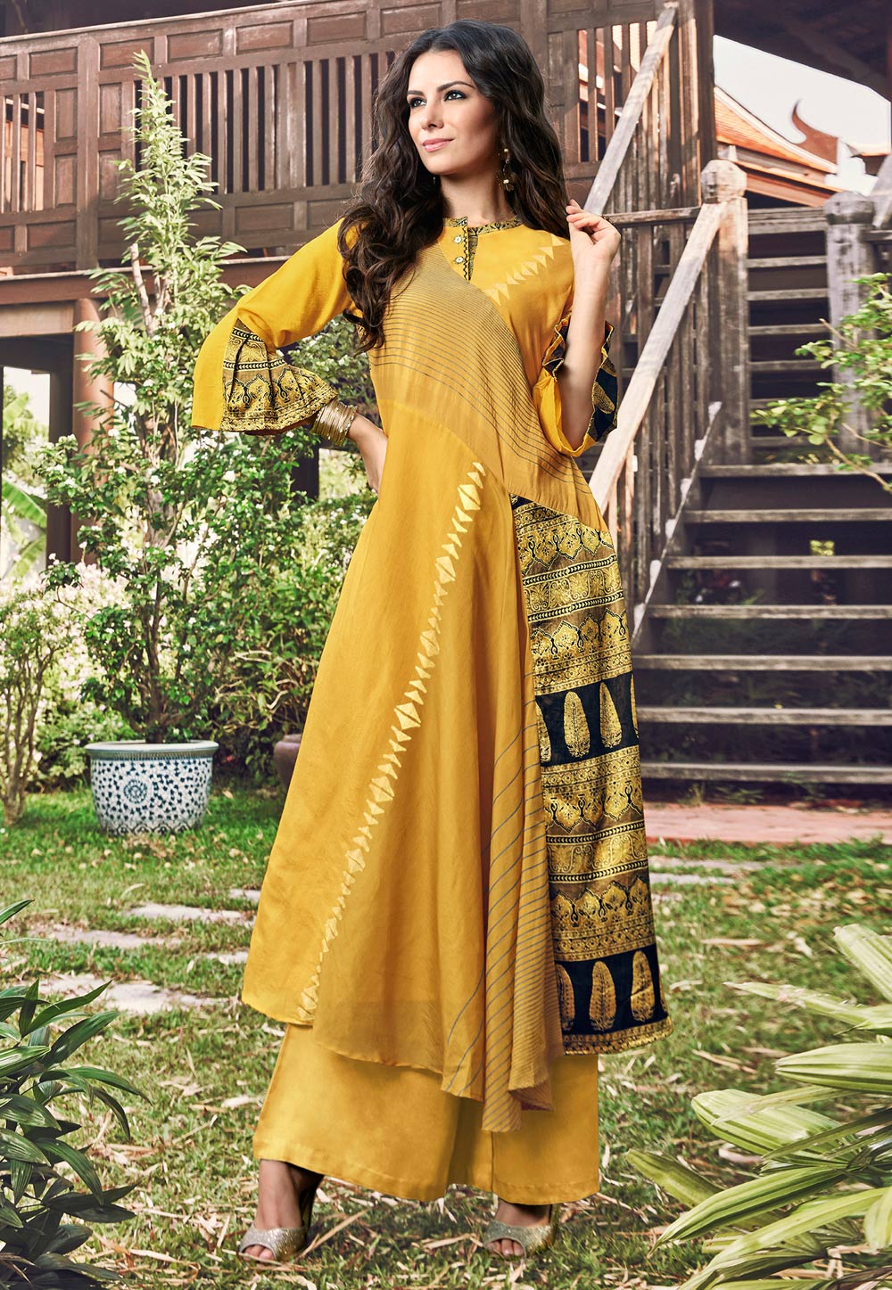 Yellow Jacquard Readymade Gown 180574