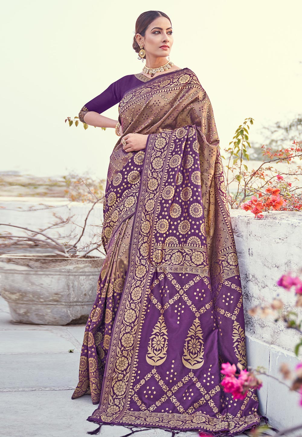 Purple Banarasi Saree With Blouse 198104