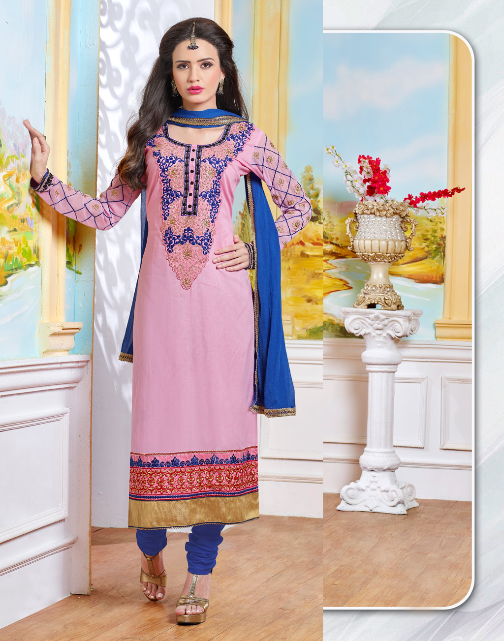 Pink Cambric Cotton Churidar Suit 58079