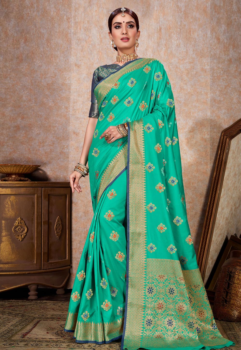 Turquoise Kanjivaram Silk Saree With Blouse 198066