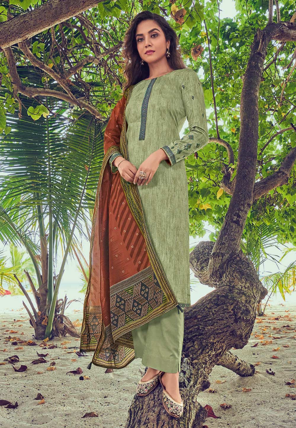 Light Green Cotton Kameez With Palazzo 197894