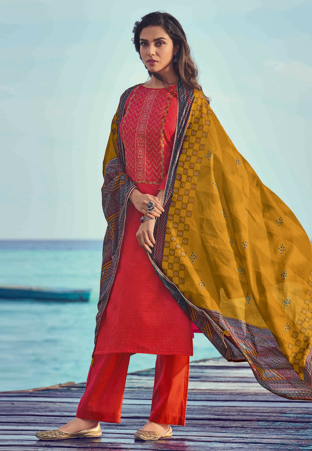 Red Cotton Kameez With Palazzo 197896