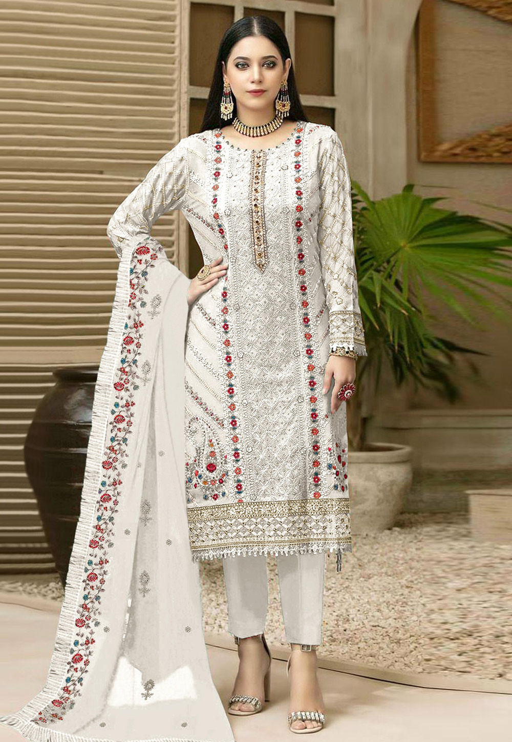 Off White Faux Georgette Pant Style Suit 254748