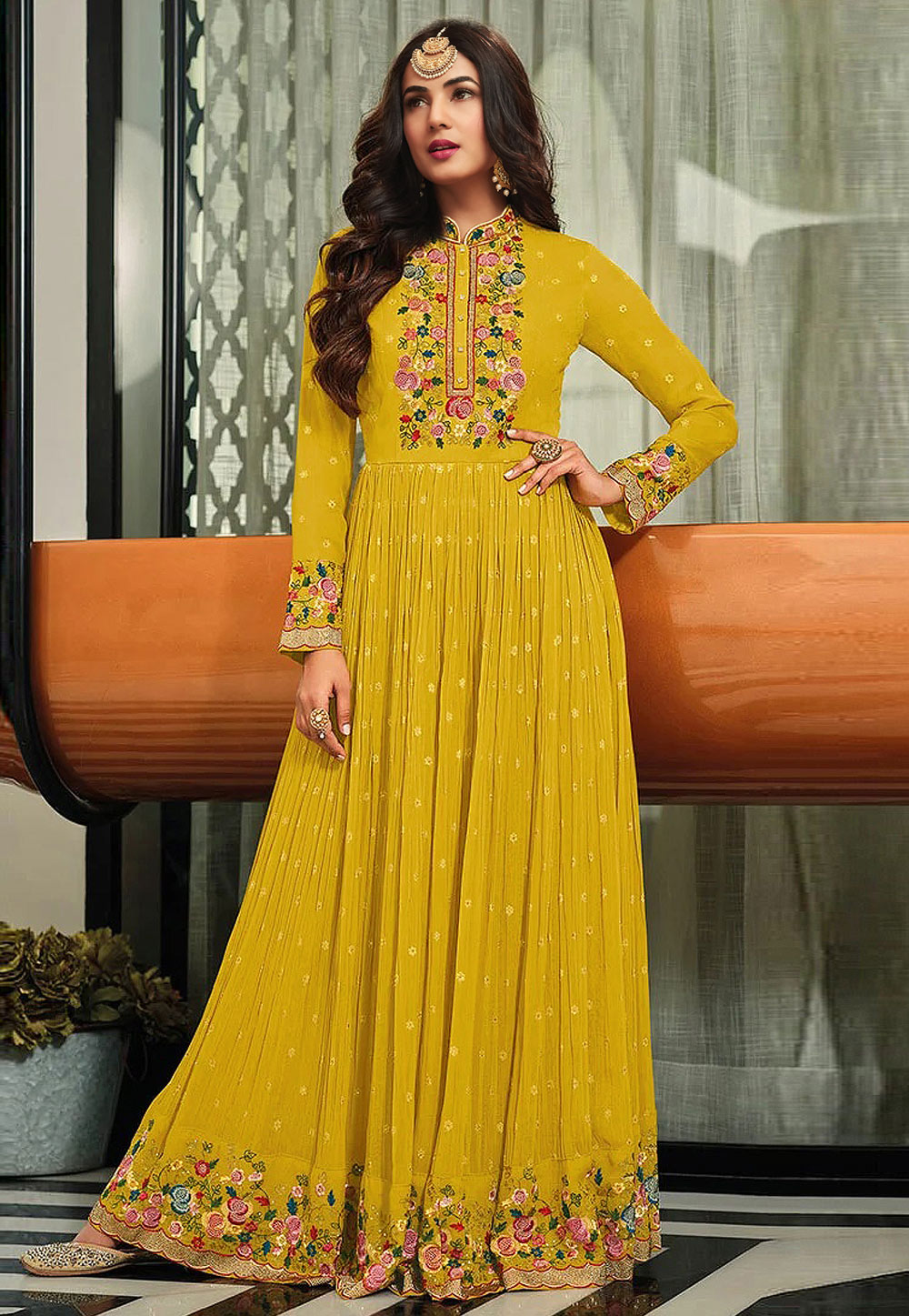 Yellow Faux Georgette Abaya Style Anarkali Suit 255129