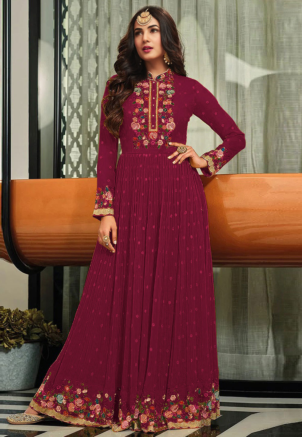 Magenta Faux Georgette Abaya Style Anarkali Suit 255131