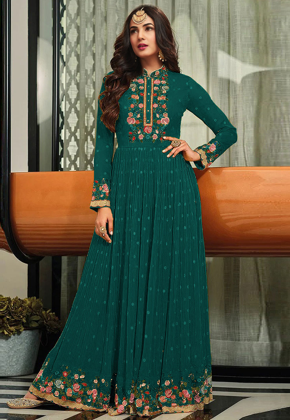 Green Faux Georgette Long Anarkali Suit 255132