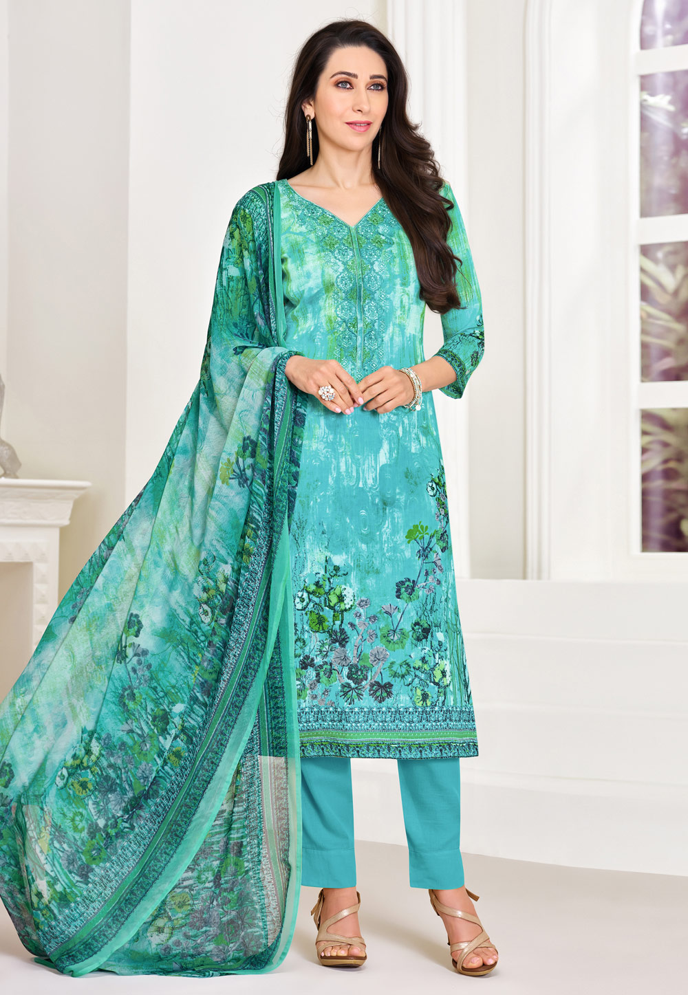 Karishma Kapoor Aqua Satin Pakistani Suit 160567