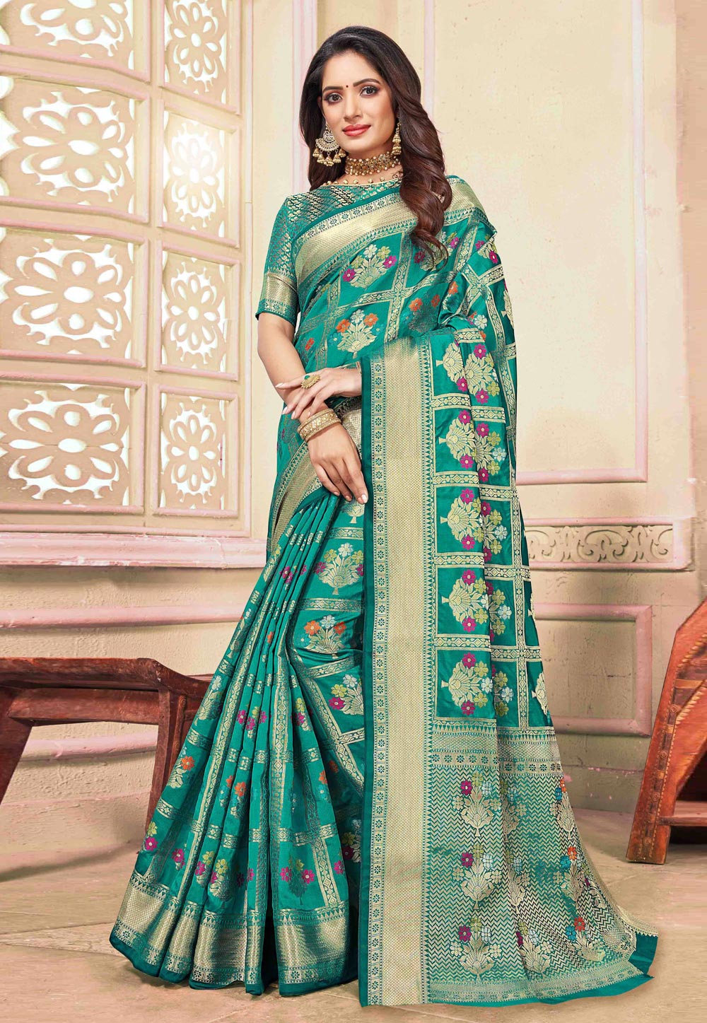 Teal Green Cotton Saree With Blouse 198090