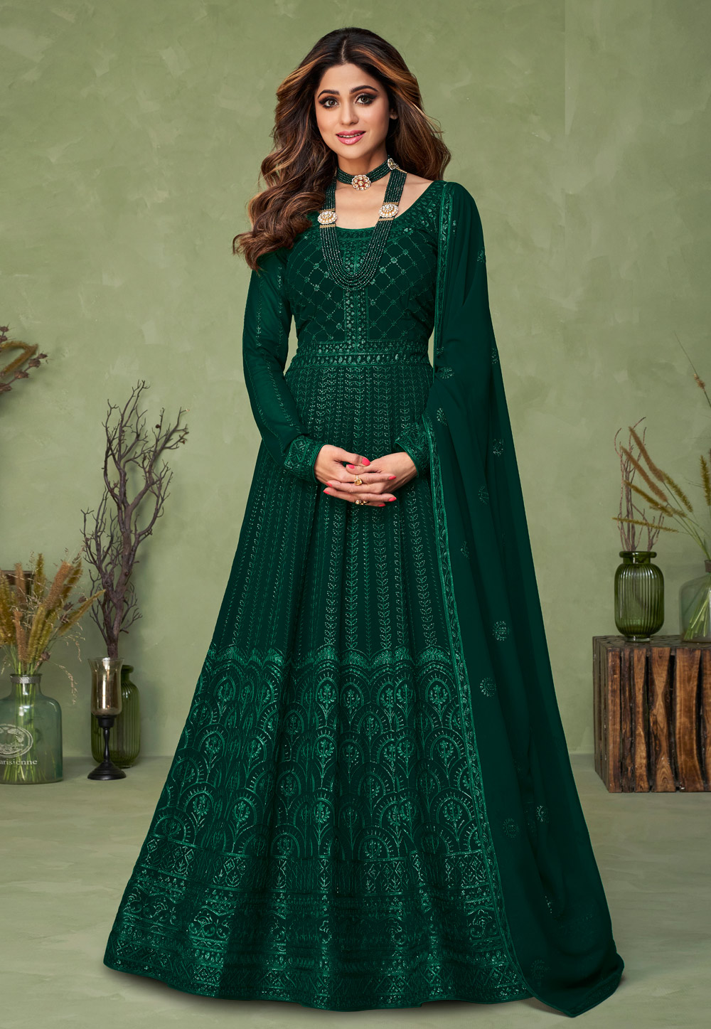 Shamita Shetty Green Georgette Abaya Style Anarkali Suit 244798