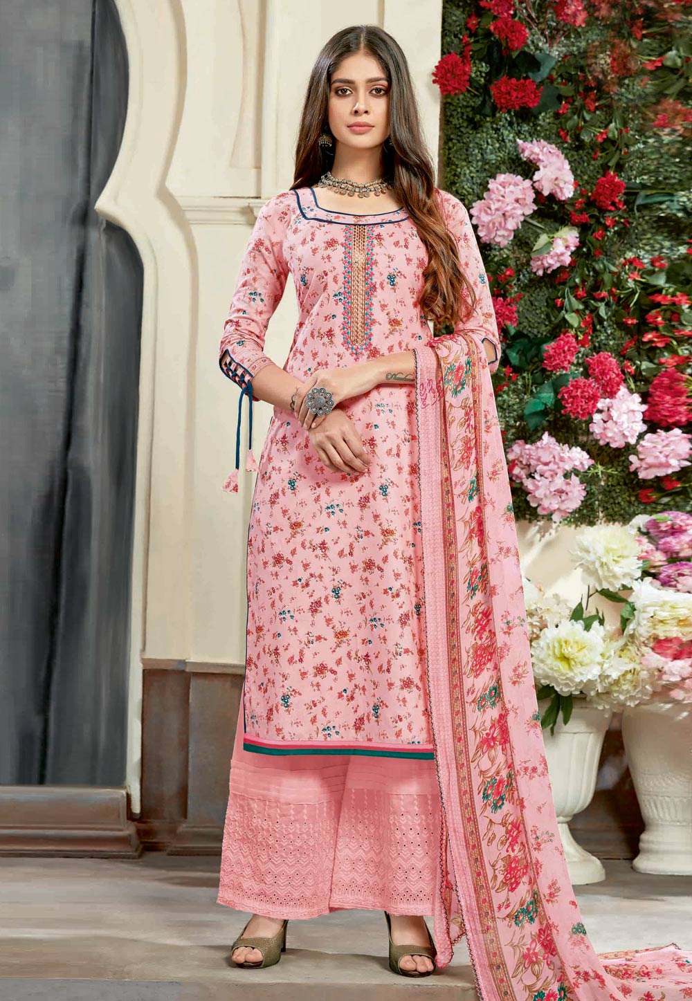 Light Pink Poly Cotton Kameez With Palazzo 198184