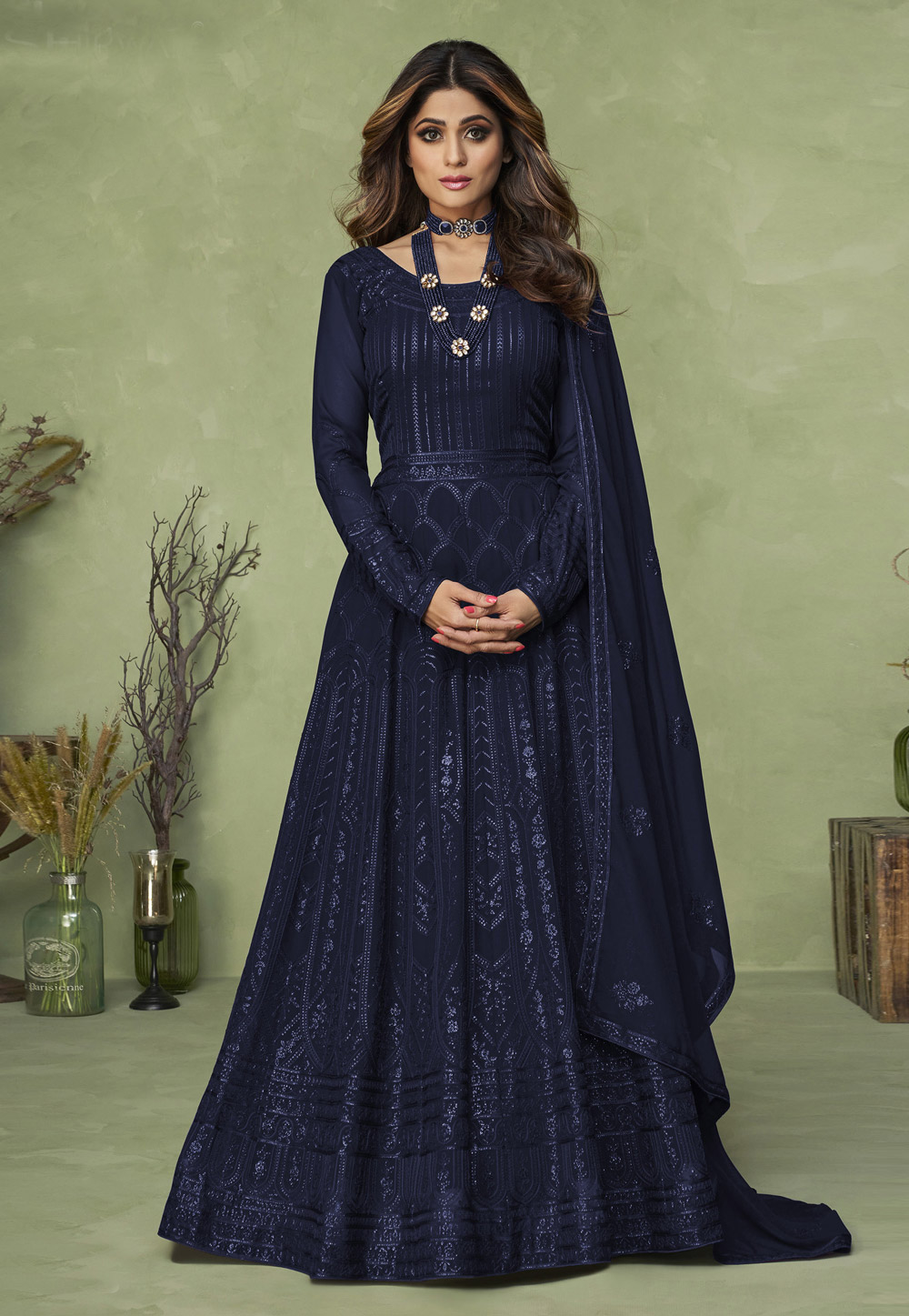 Shamita Shetty Navy Blue Faux Georgette Abaya Style Anarkali Suit 251592