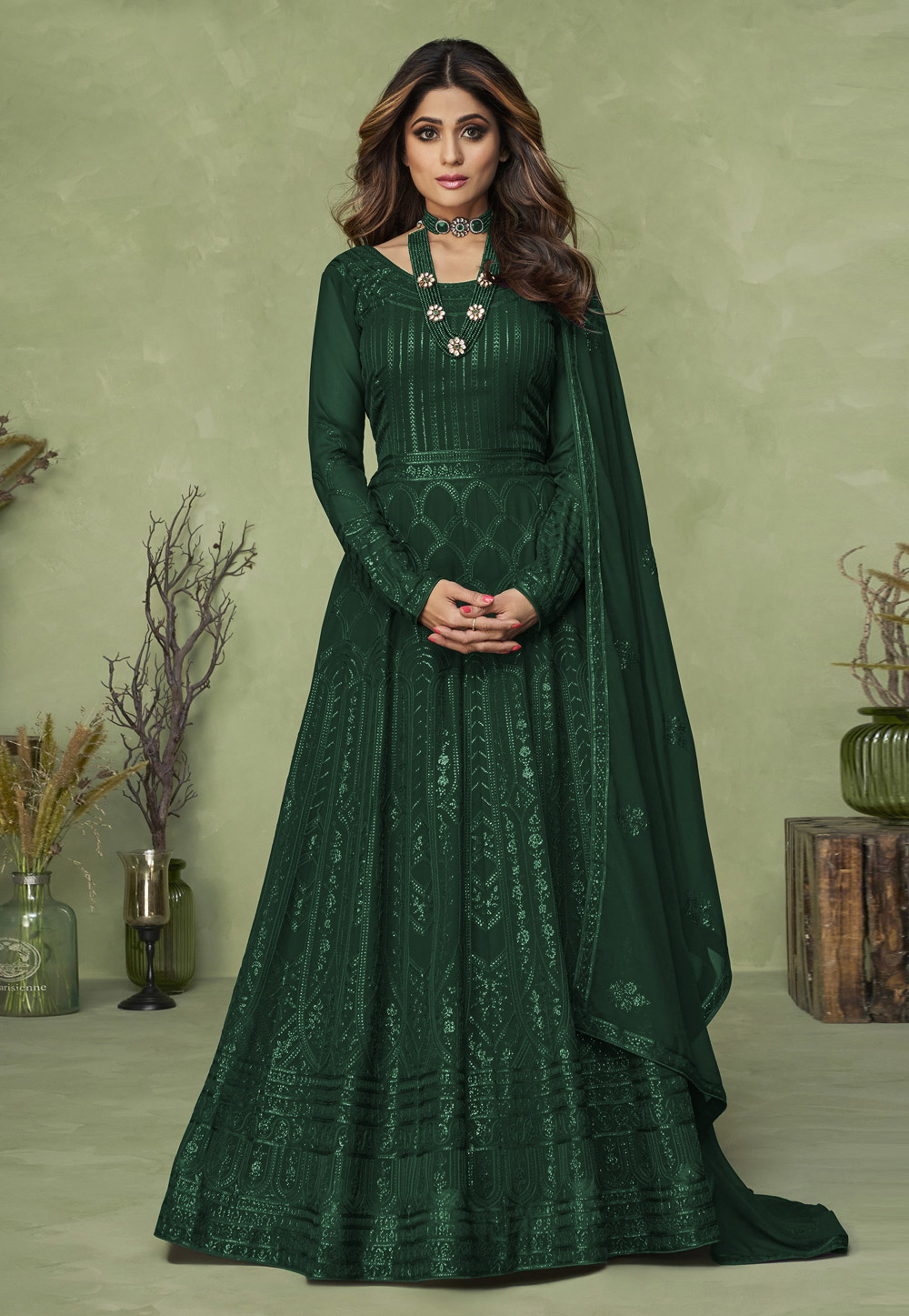 Shamita Shetty Green Faux Georgette Long Anarkali Suit 251593