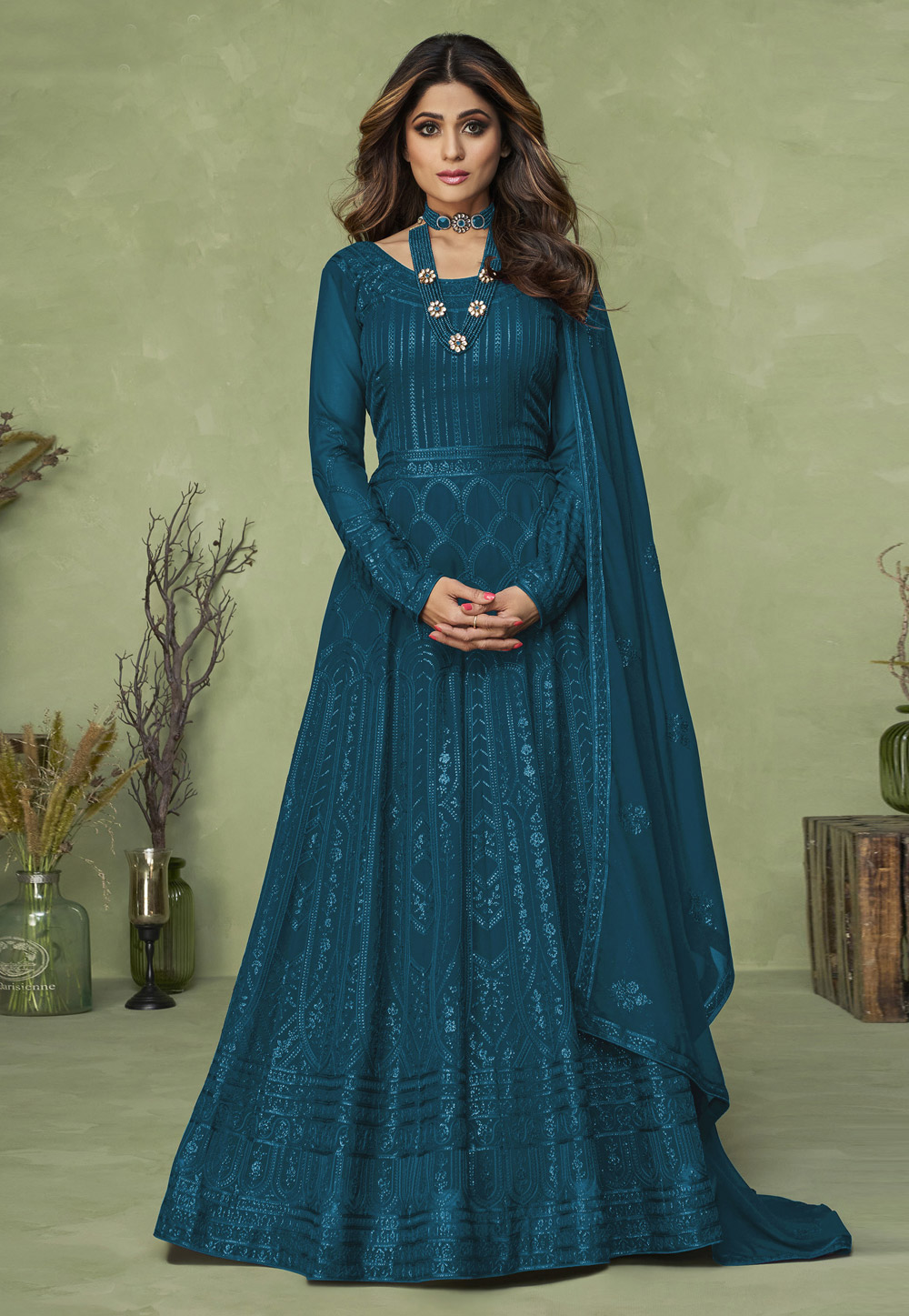 Shamita Shetty Teal Faux Georgette Abaya Style Anarkali Suit 251594