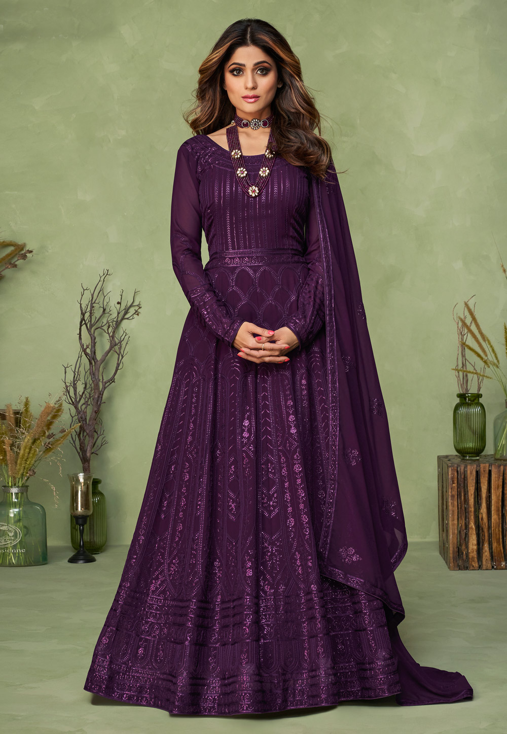 Shamita Shetty Purple Georgette Abaya Style Anarkali Suit 244799