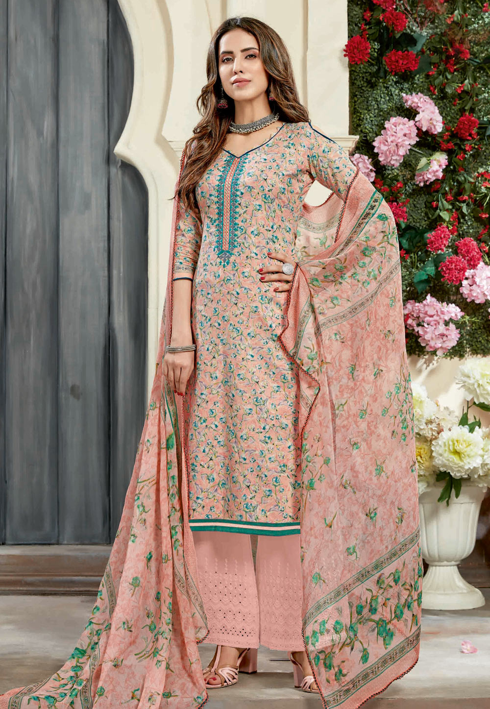 Peach Poly Cotton Kameez With Palazzo 198186